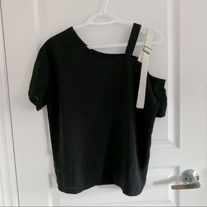 Black and white double strap off the shoulder shirt